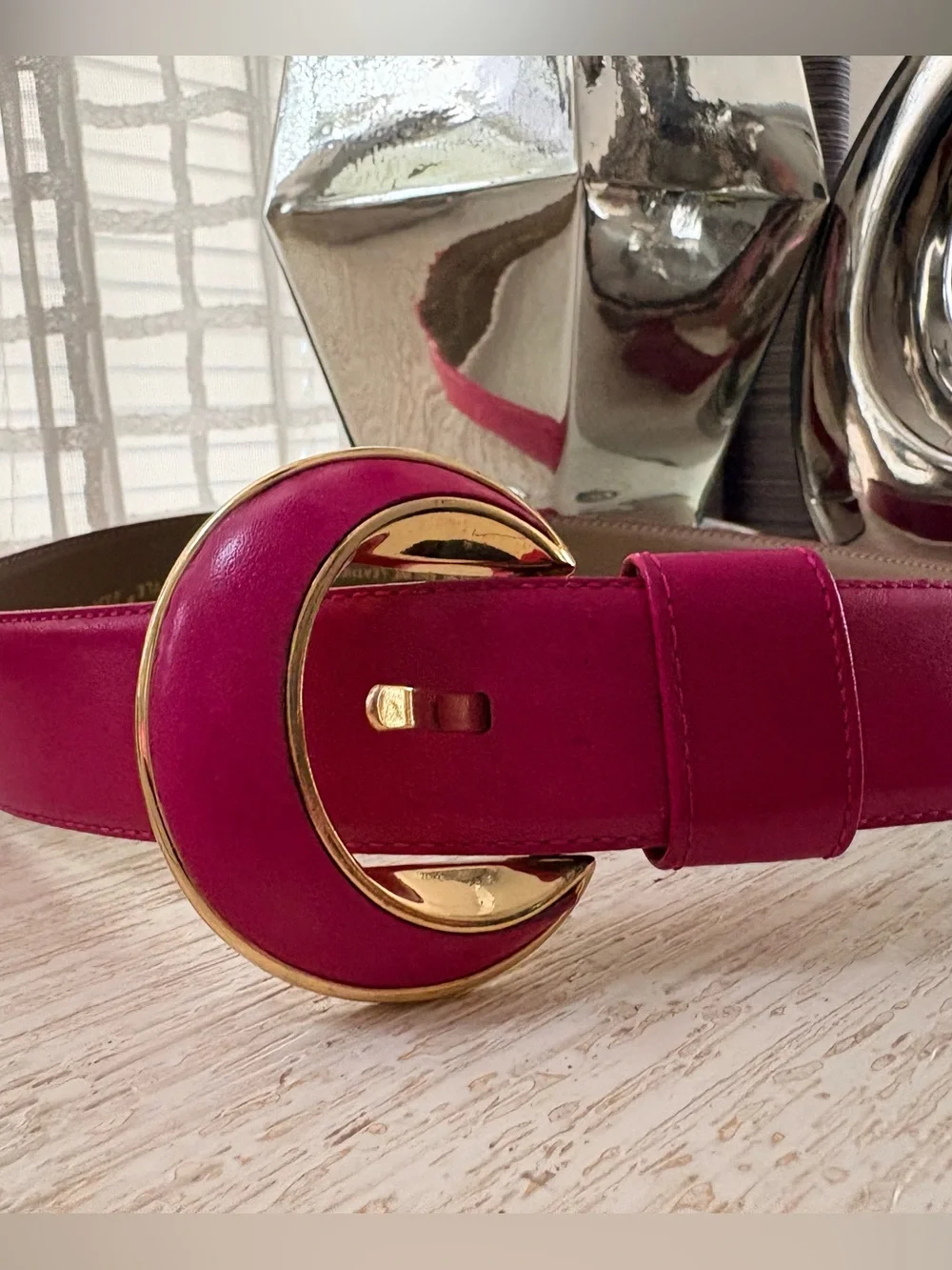 VTG Liz Claiborne Pink Leather Gold Buckle Belt Size M